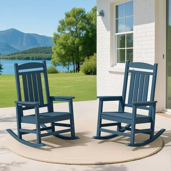 KINGYES HDPE Outdoor Rocking Chairs Set of 2,HDPE Patio Rocker for Porch,Navy