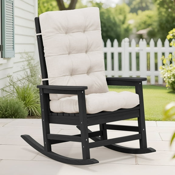 KINGYES HDPE Oversize Outdoor Rocking Chair with Thick Cushion, Porch Rocker Chair, Black Chair with Beige Cushion