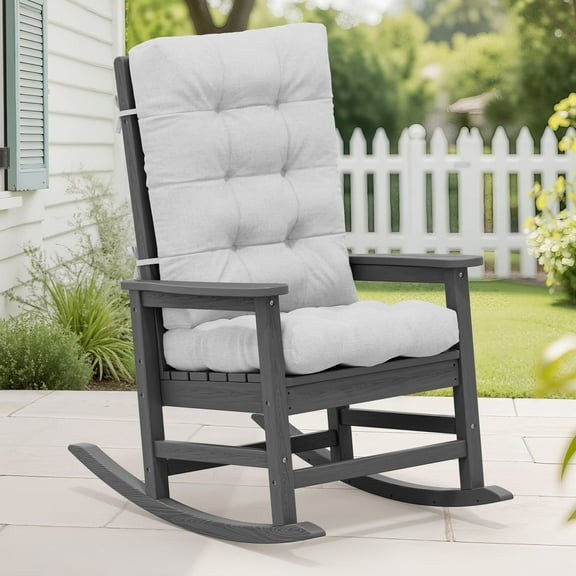 KINGYES HDPE Oversize Outdoor Rocking Chair with Thick Cushion, Porch Rocker Chair, Gray Chair with Grey Cushion