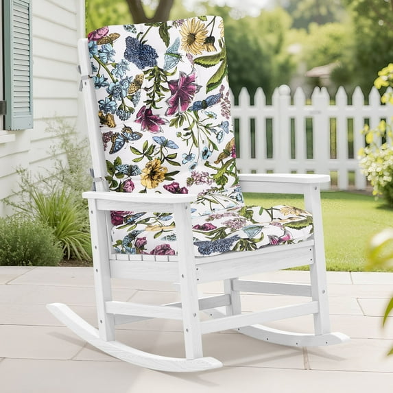 KINGYES HDPE Oversize Outdoor Rocking Chair with Thick Cushion, Porch Rocker Chair, White Chair with Flower Cushion
