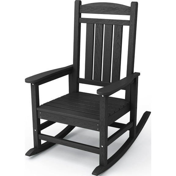 KINGYES HDPE Rocking Chairs Outdoor, Patio Rocking Chairs Smooth Porch Rocker for Deck Lawn Yard, Black