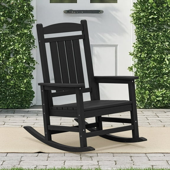 KINGYES HDPE Rocking Chairs Outdoor, Patio Rocking Chairs for Deck Lawn Yard, Black