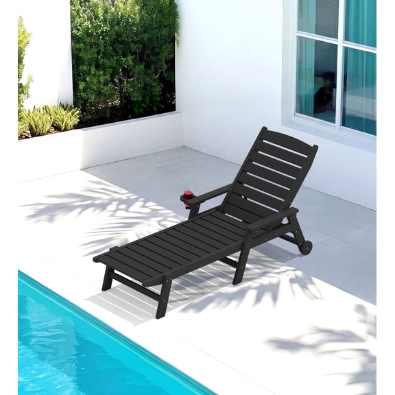 KINGYES Outdoor Chaise Lounge Chair, HDPE Patio Lounge Chair with Wheels & Cup Holder, 5-Position Adjustable Backrest, All-Weather Pool Lounger, Black