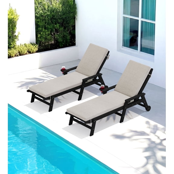 KINGYES Outdoor Chaise Lounge Chair Set of 2 with Cushions, HDPE Patio Lounge Chairs with Wheels & Cup Holder, 5-Position Adjustable Backrest, All-Weather Pool Loungers, Black