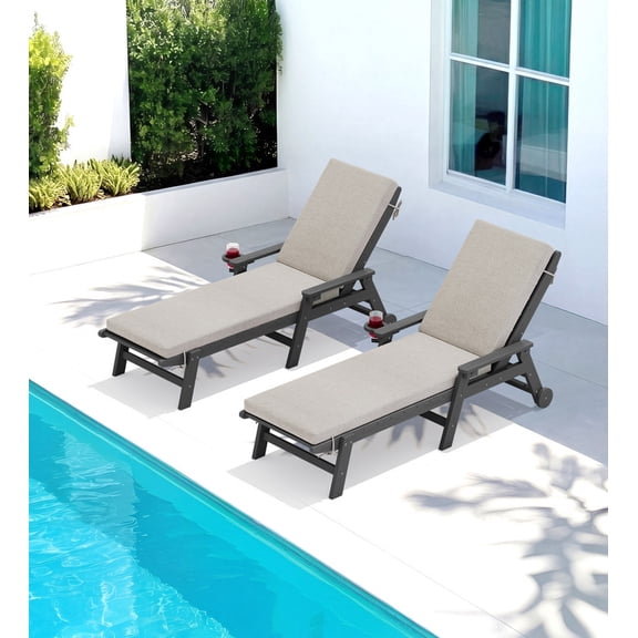 KINGYES Outdoor Chaise Lounge Chair Set of 2 with Cushions, HDPE Patio Lounge Chairs with Wheels & Cup Holder, 5-Position Adjustable Backrest, All-Weather Pool Loungers, Gray