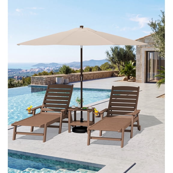 KINGYES Outdoor Chaise Lounge Chair Set of 2 with Umbrella, HDPE Patio Lounge Chairs with Wheels & Cup Holder, 5-Position Adjustable Backrest, All-Weather Pool Loungers, Brown