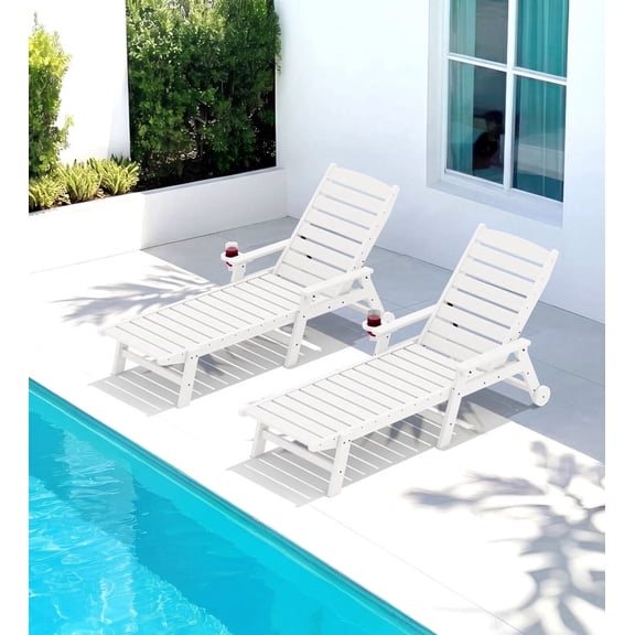 KINGYES Outdoor Chaise Lounge Chairs Set of 2 , HDPE Patio Lounge Chairs with Wheels & Cup Holder, 5-Position Adjustable Backrest, All-Weather Pool Loungers, White
