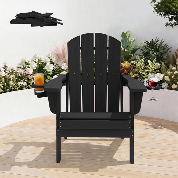 KINGYES Outdoor Folding HDPE Adirondack Chair with Dual Cup Holders - Patio & Outdoor Lounge, Deck, Weather - Resistant , Black