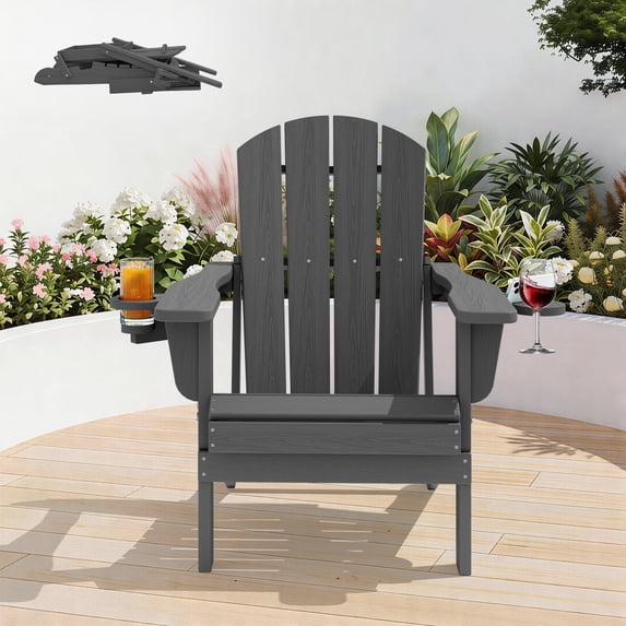 KINGYES Outdoor Folding HDPE Adirondack Chair with Dual Cup Holders - Patio & Outdoor Lounge, Deck, Weather - Resistant , Gray