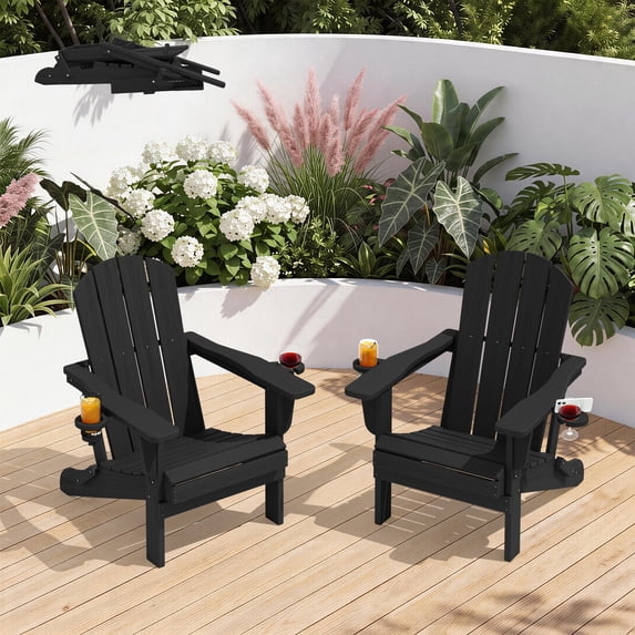 KINGYES Outdoor Folding HDPE Adirondack Chairs Set of 2 with Dual Cup Holder - Patio & Outdoor Lounge, Deck, Weather - Resistant , Black