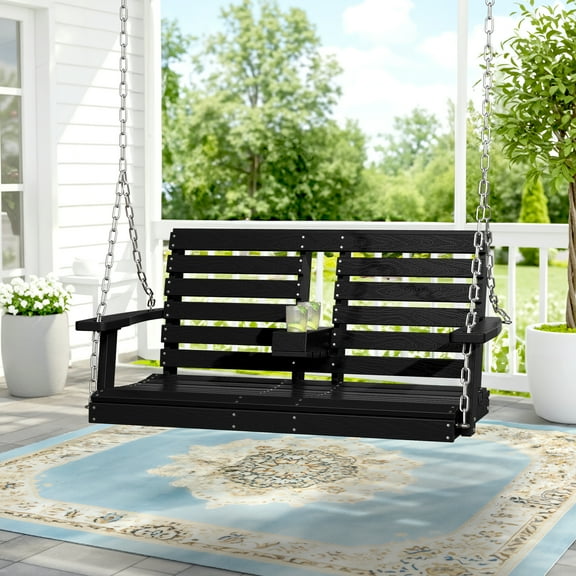 KINGYES Outdoor Hanging Swing Chair, HDPE 3 Seats Porch Swing with Cup Holders, 660LBS Weight Capacity, Black