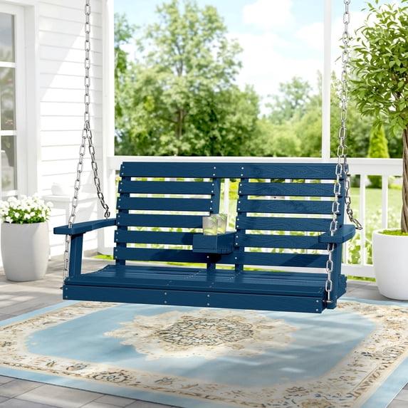KINGYES Outdoor Hanging Patio Swing Chair, 2 Seat Swing with Cup Holders, 660LBS Weight Capacity, Blue