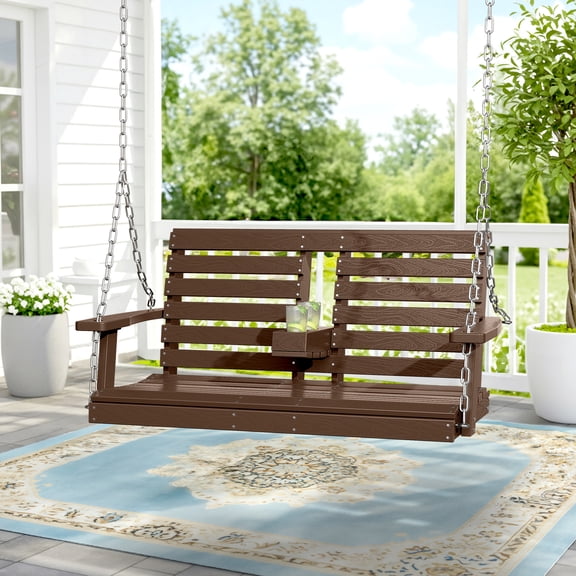 KINGYES Outdoor Hanging Swing Chair, HDPE 3 Seats Porch Swing with Cup Holders, 660LBS Weight Capacity, Brown