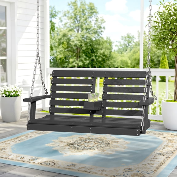 KINGYES Outdoor Hanging Swing Chair, HDPE 3 Seats Porch Swing with Cup Holders, 660LBS Weight Capacity, Grey