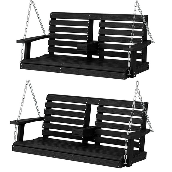 KINGYES Outdoor Hanging Patio Swing Set, 2 Seat Swing Chair with Cup Holders, Waterproof Bench for Courtyard & Garden, 660LBS Weight Capacity, Black