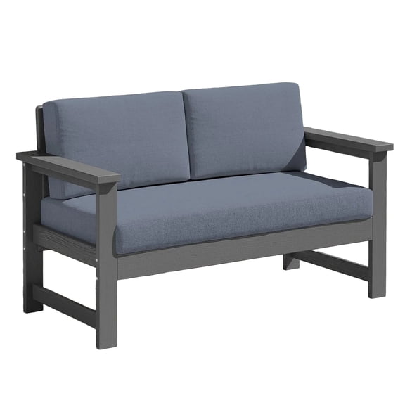 KINGYES Outdoor Loveseat, HDPE All Weather Use Conversation Couch, for Patio Backyard, Gray Frame with Gray Cushions