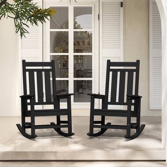 KINGYES Outdoor Rocking Chair Set of 2 HDPE All Weather Patio Rocker for Garden Lawn, Black