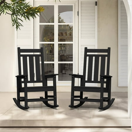 KINGYES Outdoor Rocking Chair Set of 2 HDPE All Weather Patio Rocker for Garden Lawn, Black