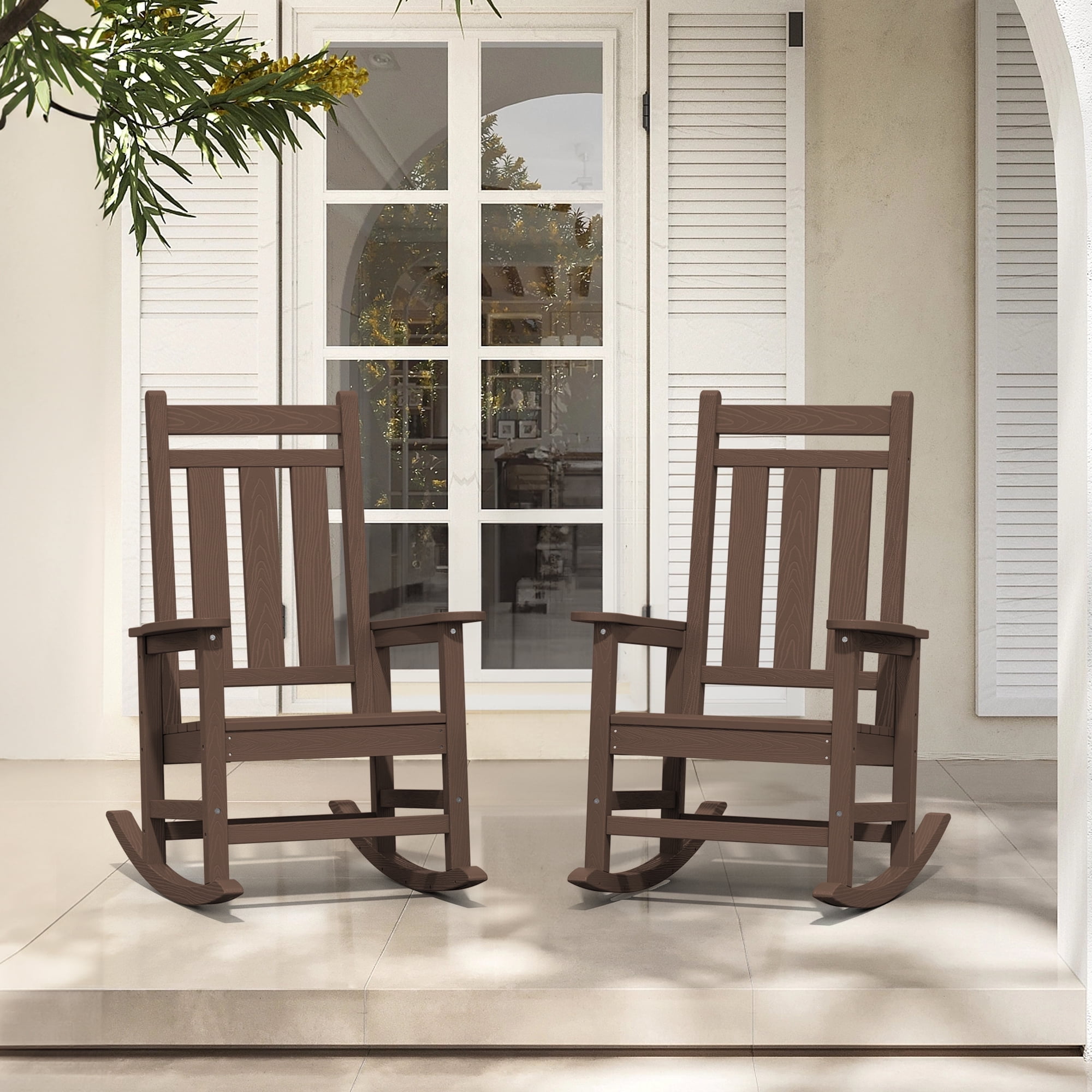KINGYES Outdoor Rocking Chair Set of 2 HDPE All Weather Patio Rocker for Garden Lawn, Brown