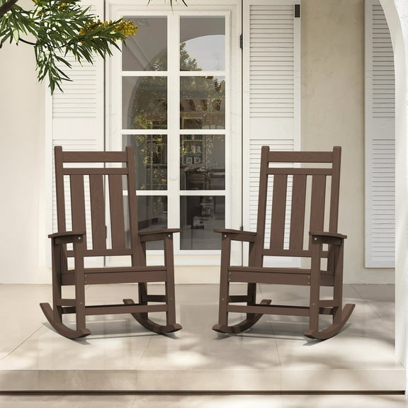 KINGYES Outdoor Rocking Chair Set of 2 HDPE All Weather Patio Rocker for Garden Lawn, Brown