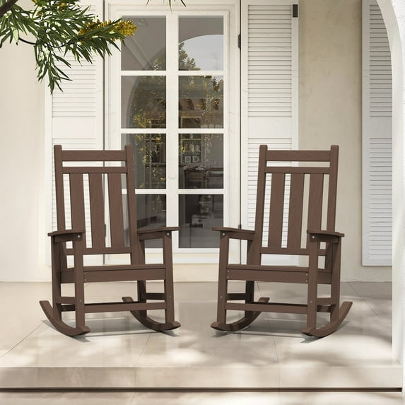KINGYES Outdoor Rocking Chair Set of 2 HDPE All Weather Patio Rocker for Garden Lawn, Brown