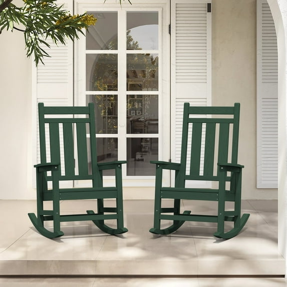 KINGYES Outdoor Rocking Chair Set of 2 HDPE All Weather Patio Rocker for Garden Lawn, Green