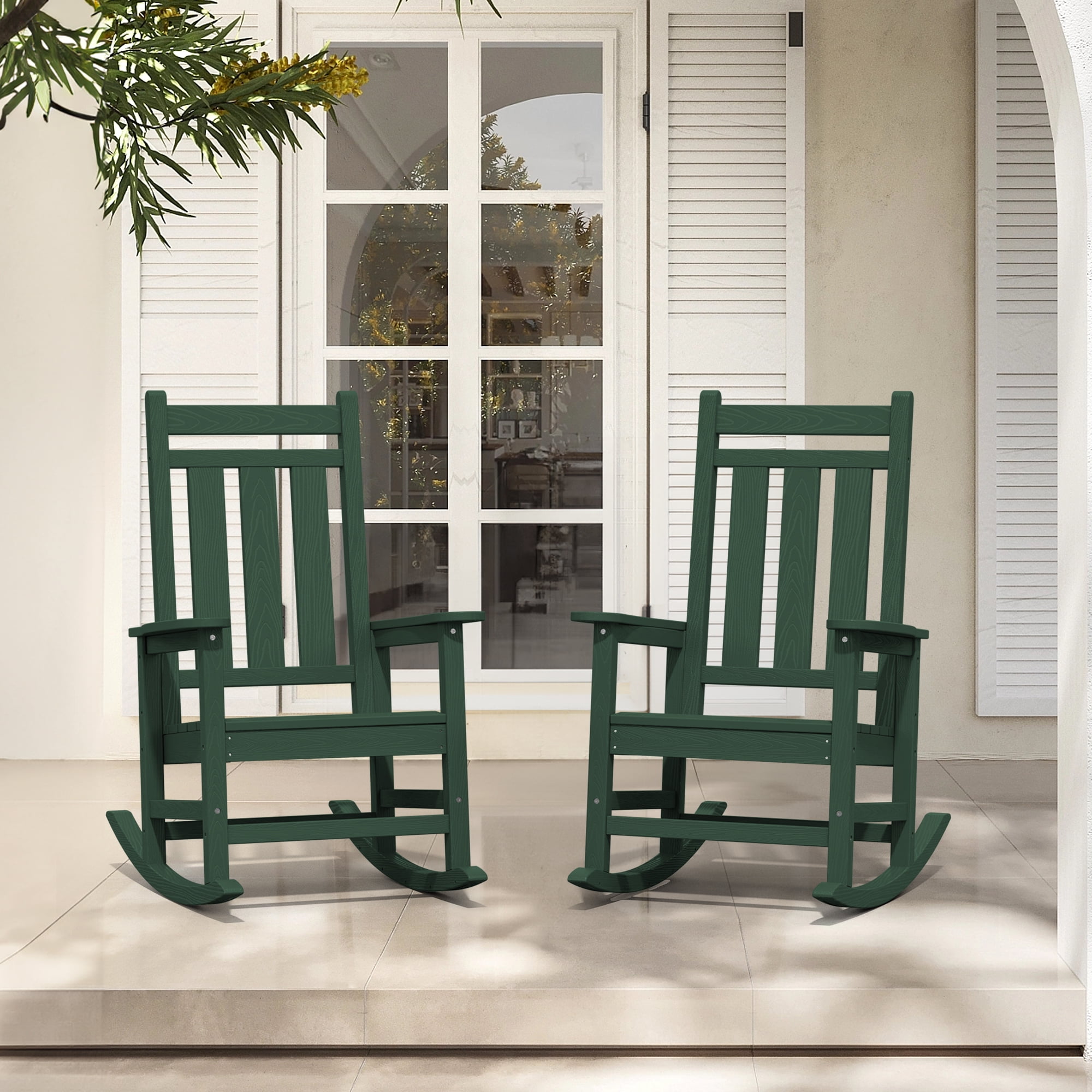 KINGYES Outdoor Rocking Chair Set of 2 HDPE All Weather Patio Rocker for Garden Lawn, Green