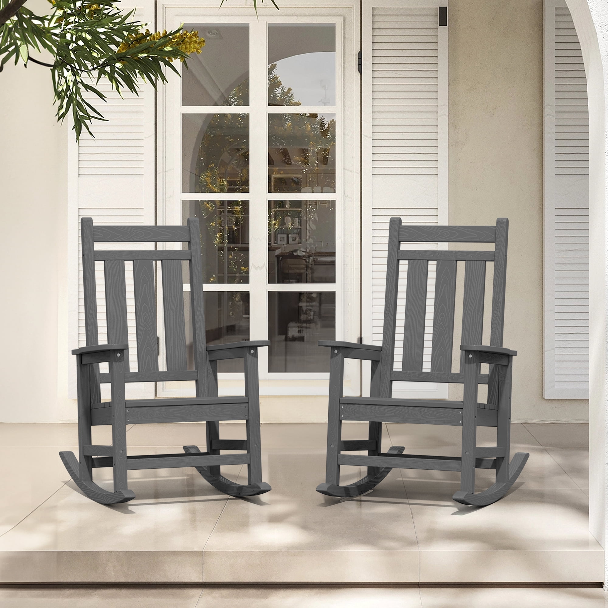 KINGYES Outdoor Rocking Chair Set of 2 HDPE All Weather Patio Rocker for Garden Lawn, Grey