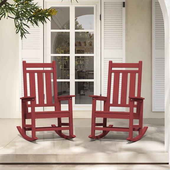 KINGYES Outdoor Rocking Chair Set of 2 HDPE All Weather Patio Rocker for Garden Lawn, Red