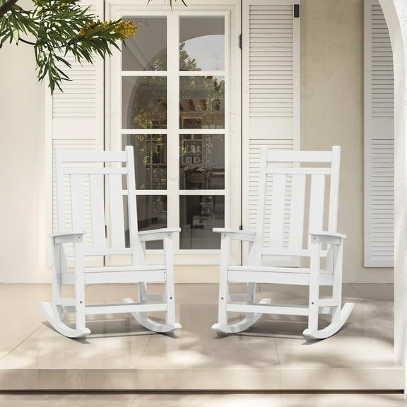 KINGYES Outdoor Rocking Chair Set of 2 HDPE All Weather Patio Rocker for Garden Lawn, White
