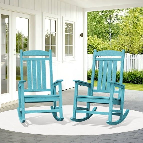 KINGYES Outdoor Rocking Chair Set of 2, High Density Polyethylene Patio Rocking Chairs, Aruba Blue