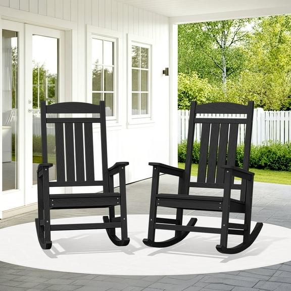 KINGYES Outdoor Rocking Chair Set of 2, HDPE Patio Rocking Chair, Heavy Duty Front Porch Rocker, Black