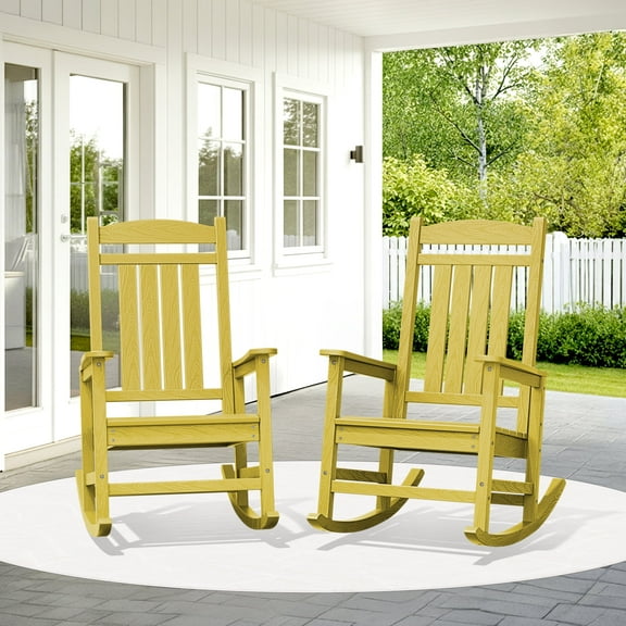 KINGYES Outdoor Rocking Chair Set of 2, High Density Polyethylene Patio Rocking Chairs, Lemon Yellow