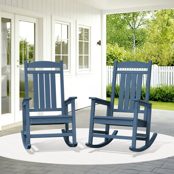 KINGYES Outdoor Rocking Chair Set of 2, HDPE Patio Rocking Chair, Heavy Duty Front Porch Rocker, Navy
