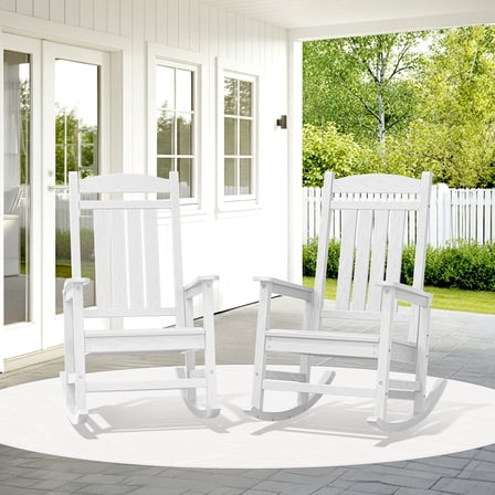 KINGYES Outdoor Rocking Chair Set of 2, HDPE Patio Rocking Chair, Heavy Duty Front Porch Rocker, White