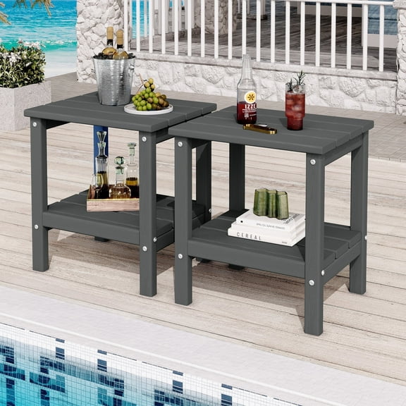 KINGYES 2-Tier Outdoor Side Table Set of 2, HDPE All Weather Adirondack Small Patio Tables, For Garden Balcony Pool Indoor, Gray