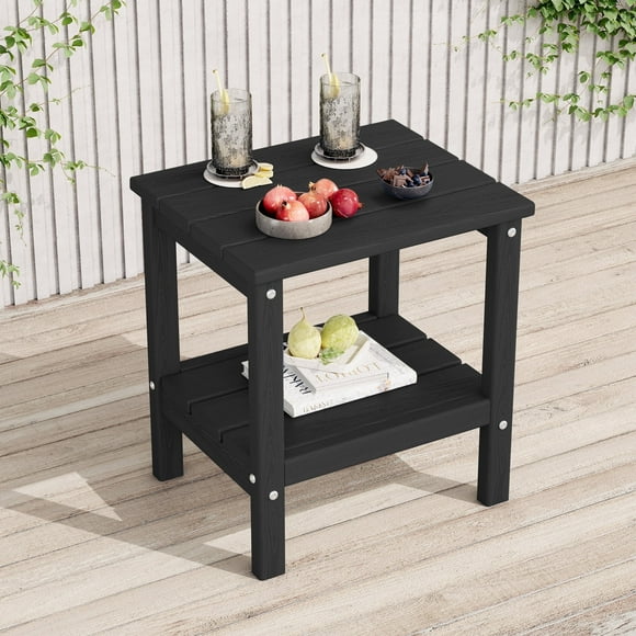 KINGYES 2-Tier Outdoor Side Table, HDPE All Weather Adirondack Small Patio Tables, For Garden Balcony Pool Indoor, Black