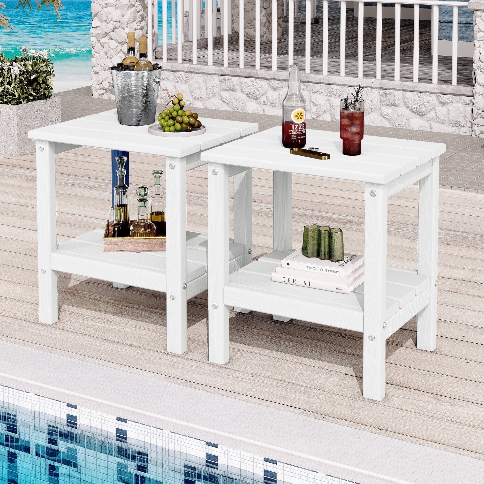 KINGYES 2-Tier Outdoor Side Table Set of 2, HDPE All Weather Adirondack ...