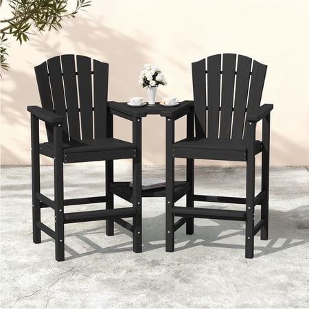 KINGYES Tall Adirondack Chairs Set of 2 with Double Connecting Tray, HDPE All-Weather Adirondack Barstools, Bar Height Outdoor Chairs for Patio, Deck, Backyard, Black