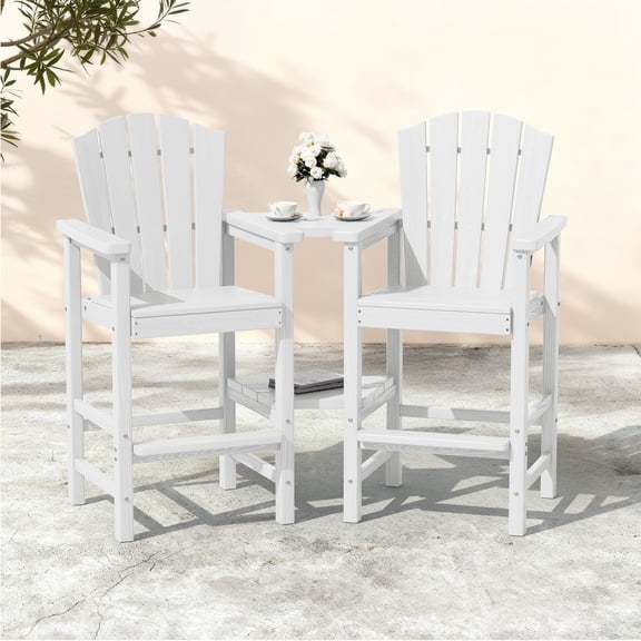 KINGYES Tall Adirondack Chairs Set of 2 with Double Connecting Tray, HDPE All-Weather Adirondack Barstools, Bar Height Outdoor Chairs for Patio, Deck, Backyard, White