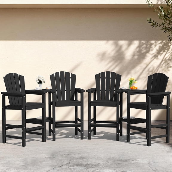 KINGYES Tall Adirondack Chairs Set of 4, Outdoor Adirondack Barstools with Double Connecting Tray, HDPE Weather Resistant Bar Height Outdoor Chairs for Patio, Deck, Backyard, Black