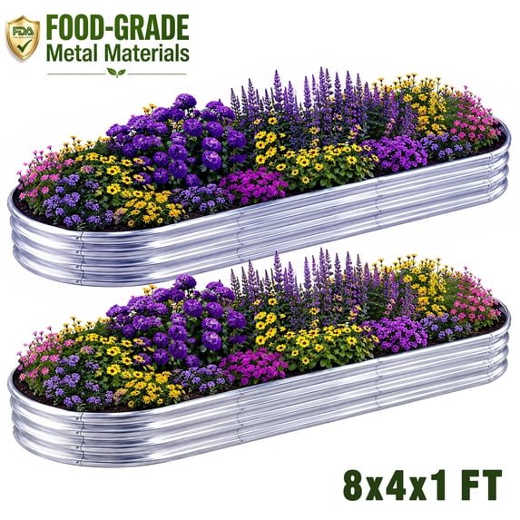 KINIMOX 2PCs Raised Garden Beds, 8x4x1ft Galvanized Metal Oval Planter Box for Vegetables, Flowers, Herbs