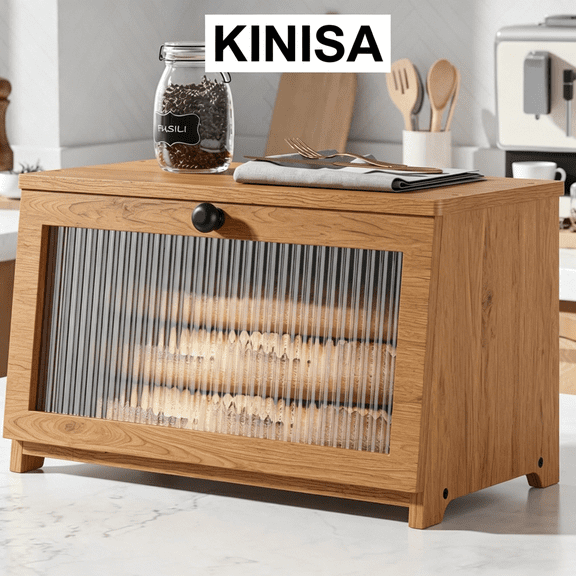 KINISA Bread Box - Wooden Bread Box for Kitchen Countertop, Large Capacity Kitchen Countertop Organizer
