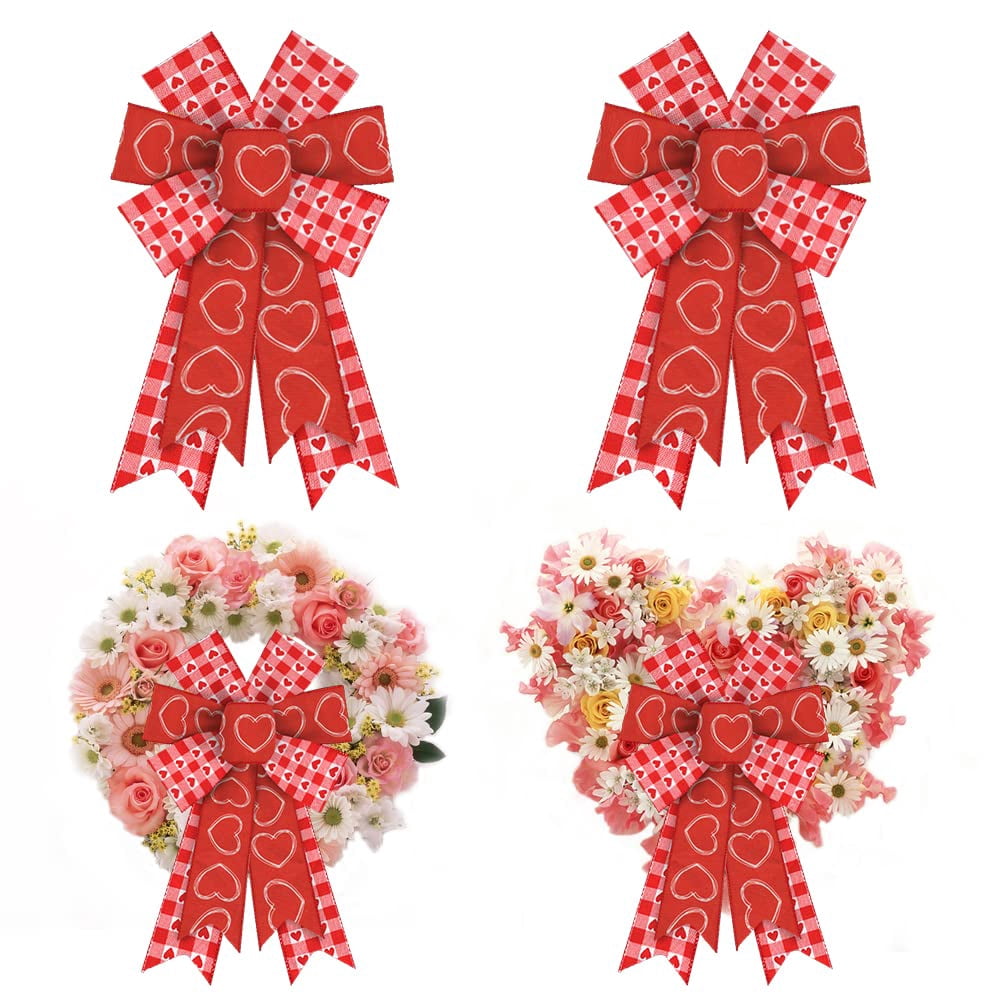 Valentine's Day Bows (2 Pack) - Red Velvet Buffalo Plaid For Wreaths, Doors, Crafts & Decor