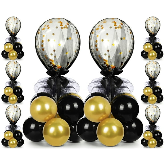 KINNO 8 Set, Black & Gold Balloon Centerpieces Kit with 128 Pcs Latex Balloons, Reusable Balloon Sticks, Tulle & Ribbons for Party Decoration