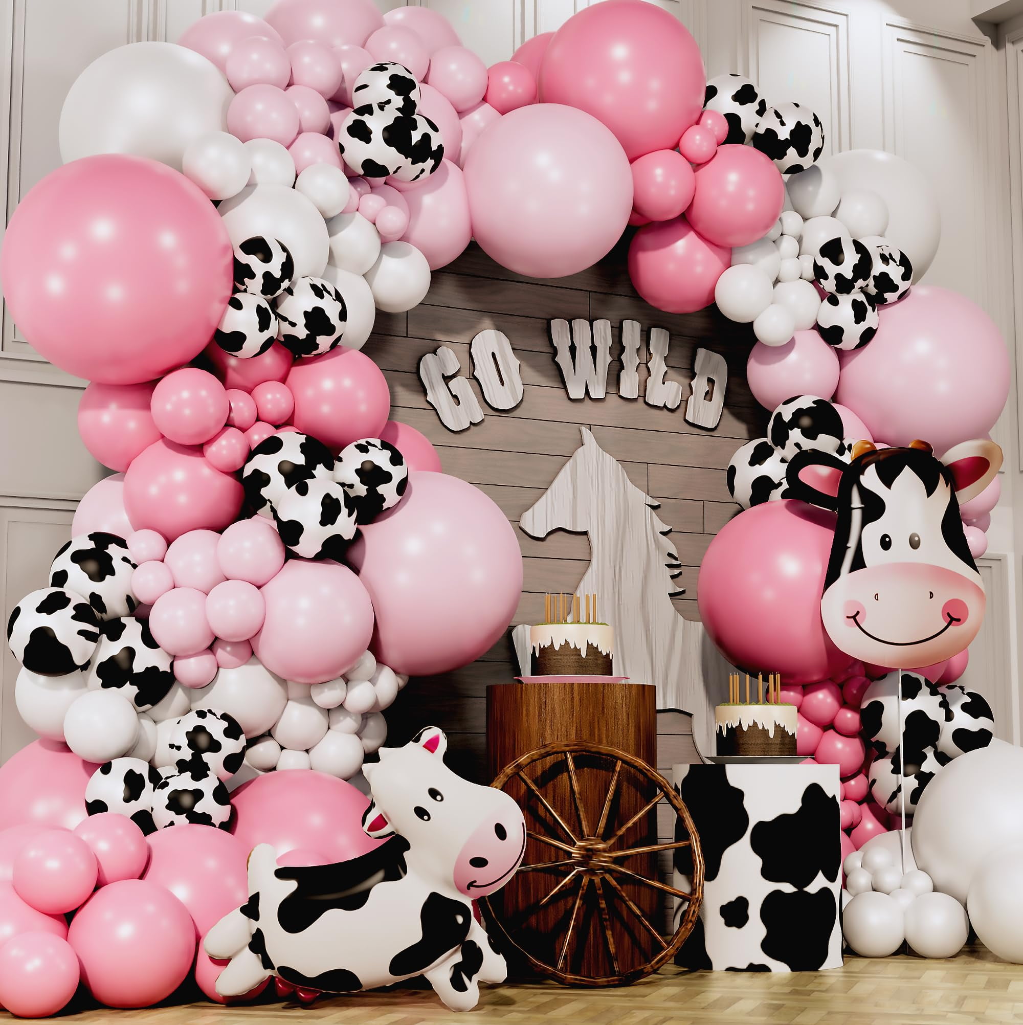 Pink & White Cow Balloon Garland Arch Kit - Cowgirl Birthday Party Decor, Farm Animal Baby Shower Decorations
