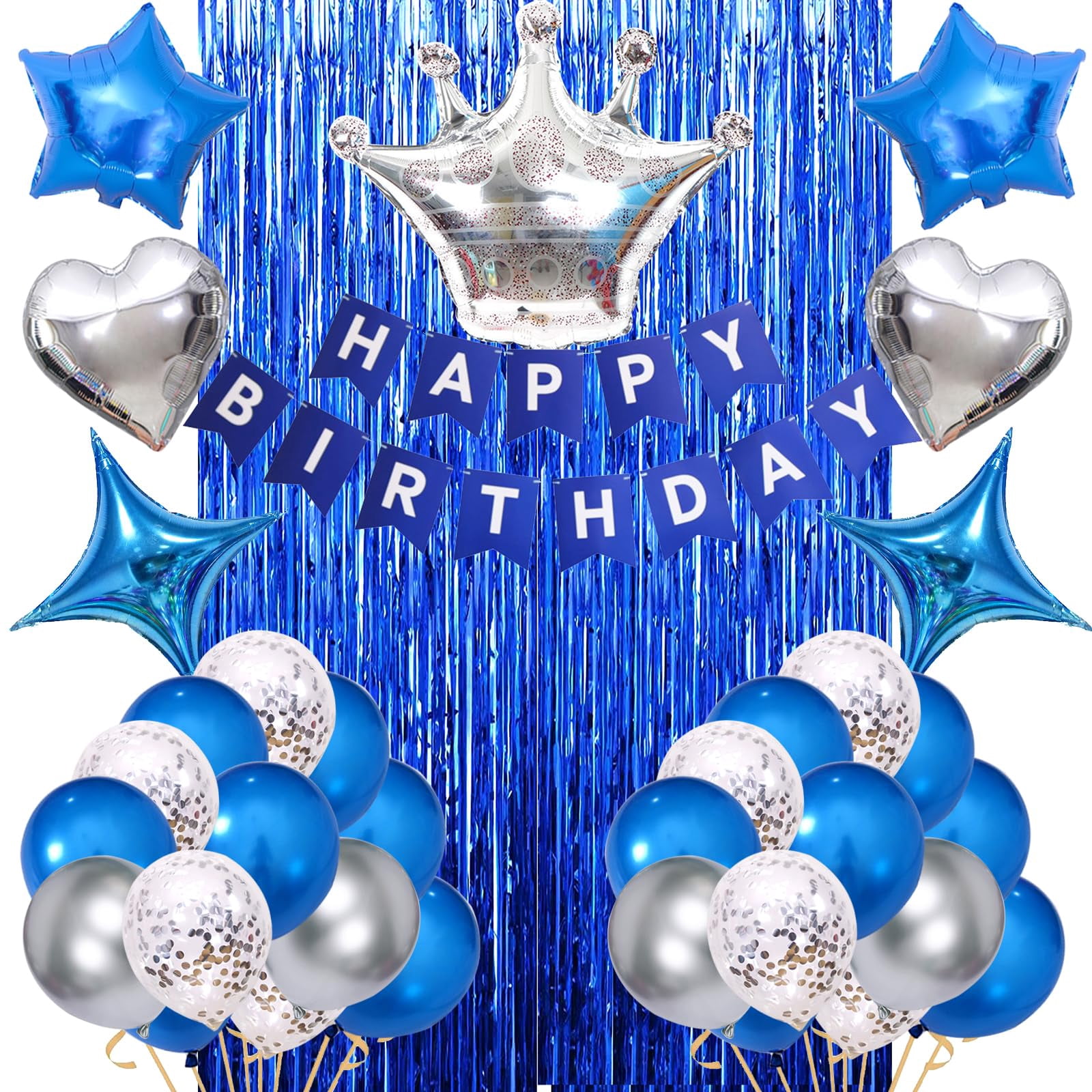 Birthday Decoration Kit – Happy Birthday Banner, 18" Silver Love & Star Balloons, 12" Purple Balloons, Fringed Curtains, Ribbon - View #5