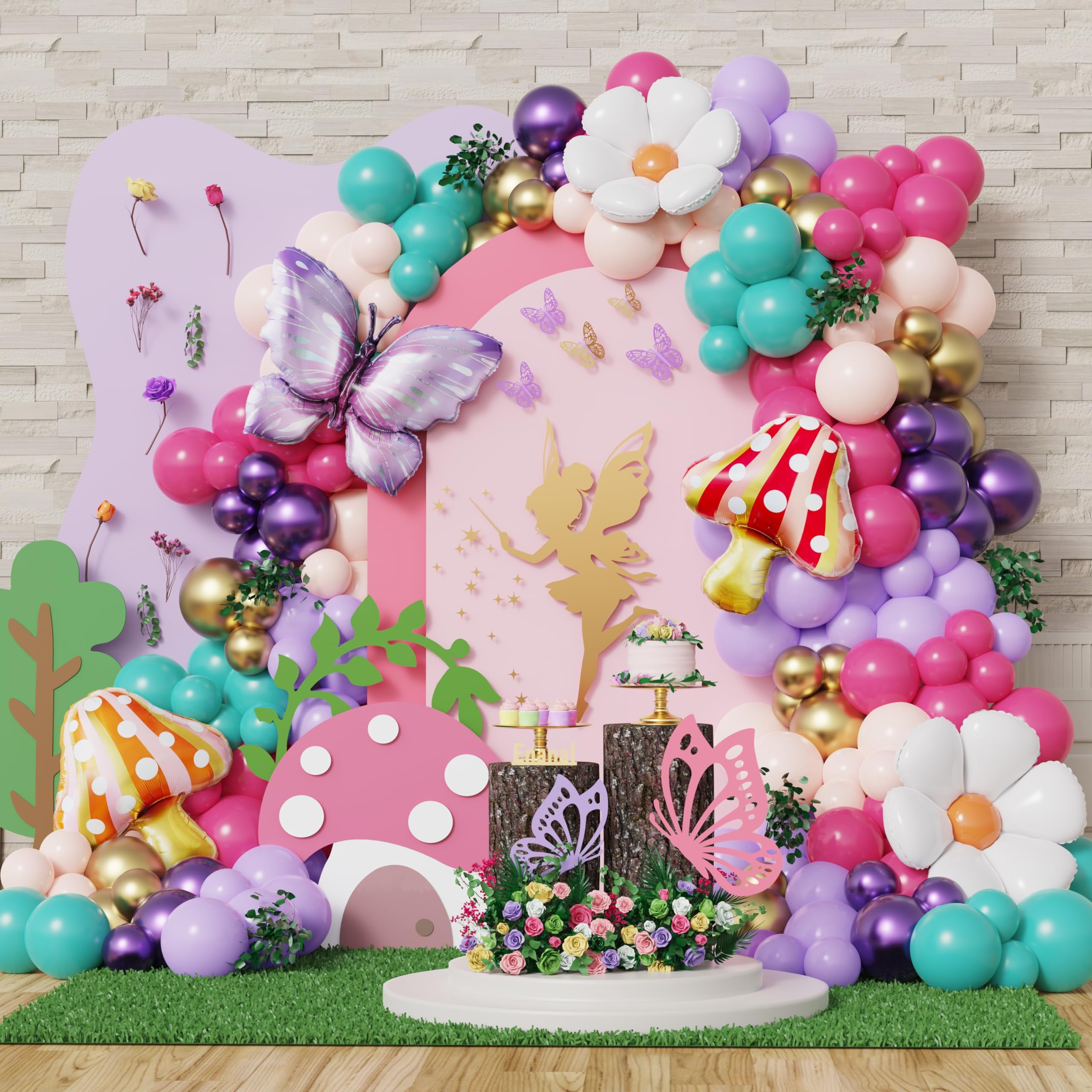 KINNO Spring Fairy Balloon Garland Arch Kit, 159pcs Pink Purple Rainbow Balloons with Daisy Butterfly Mushroom Foil Balloon