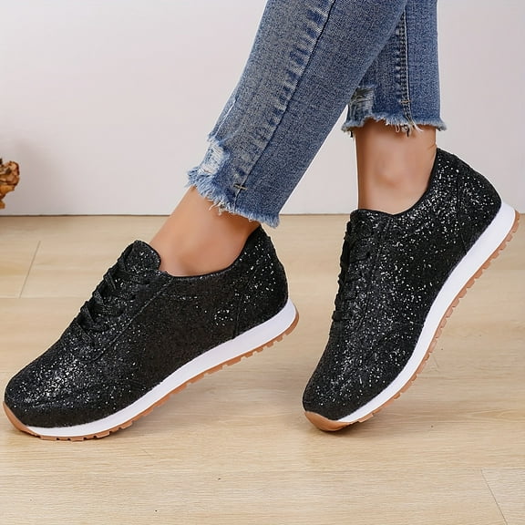 KINODAY All-Season Glitter Sneakers for Women Lace-Up Low Top Comfort Sequins Solid Lightweight