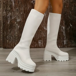 Hvyesh Knee High Boots for Women Gogo Boots 70s Boots Leather Square Toe Chunky Knee High Platform Dress Boots Fashion Long Chunky Tall Gogo Boots for Fall Walmart